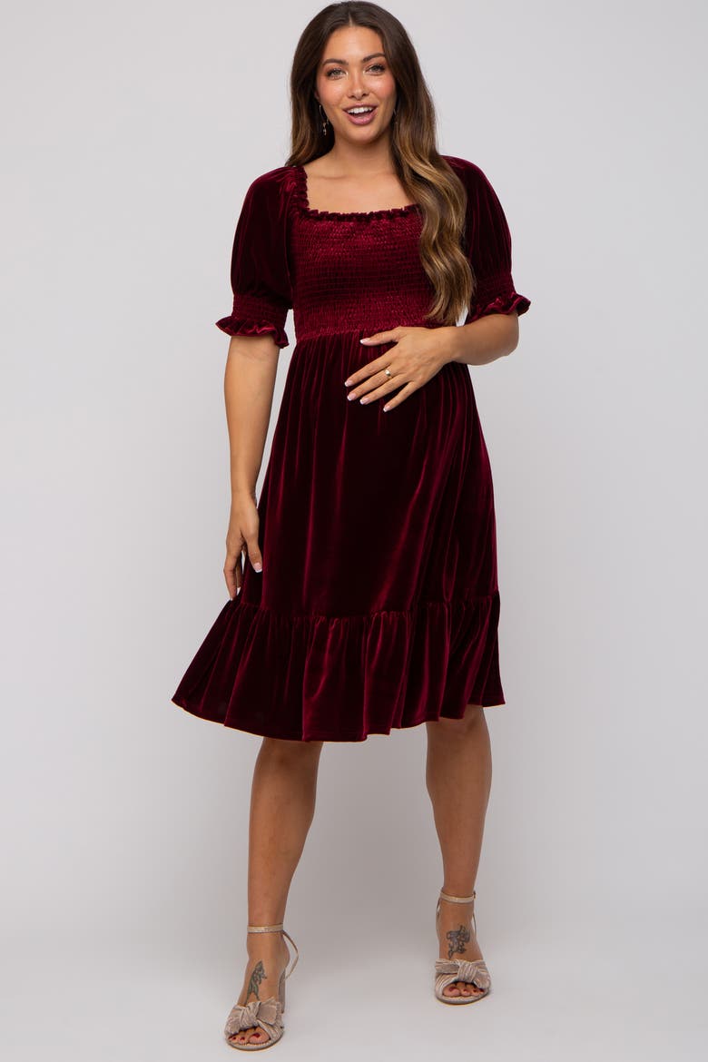 Velvet Smocked Puff Sleeve Dress, Alternate, color, Burgundy