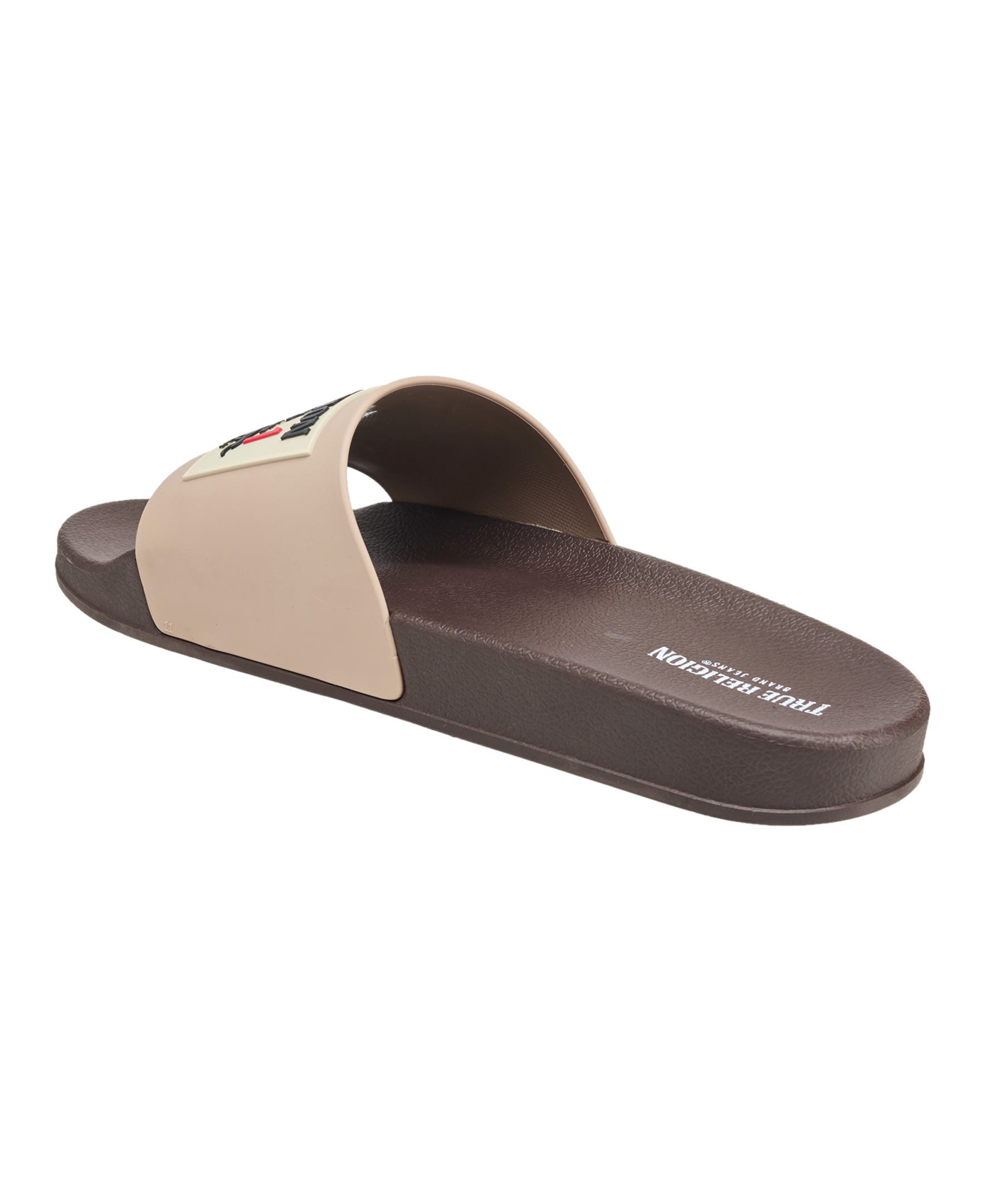 True Religion Kendrick Logo Slide, Alternate, color, Brown