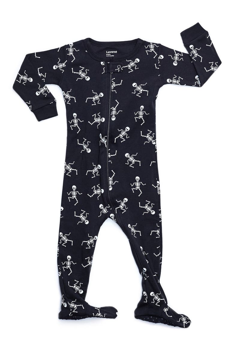 Skeleton Print Cotton Footed Pajamas, Main, color, BLACK