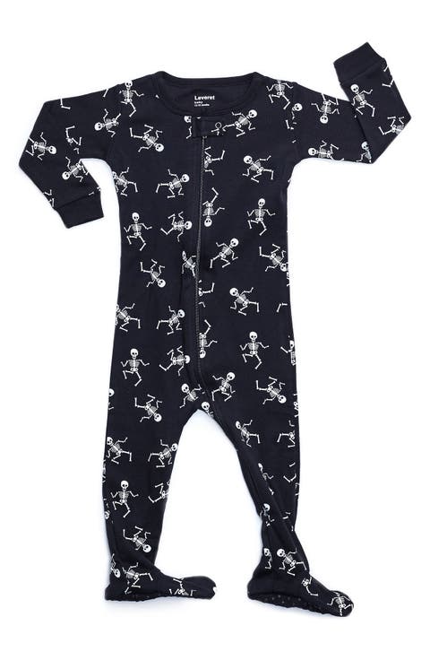 LEVERET Skeleton Print Cotton Footed Pajamas