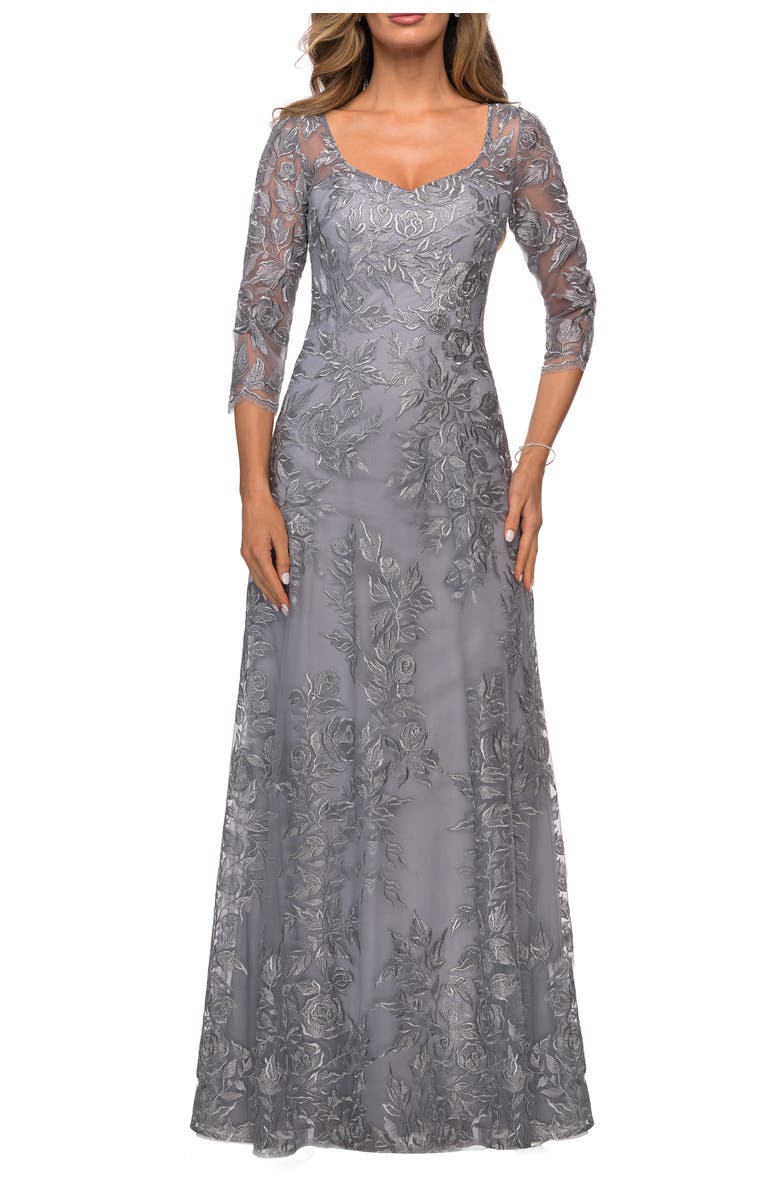 La Femme Long Lace A-line Three Quarter Sleeve Gown, Main, color, Silver