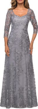 La Femme Long Lace A-line Three Quarter Sleeve Gown