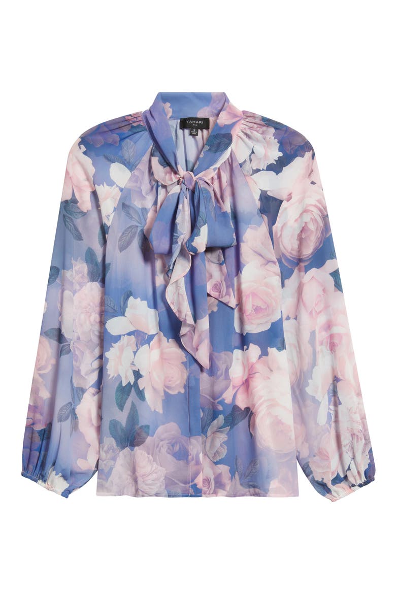 Floral Print Tie Neck Top, Alternate, color, BLUE PETAL FLORAL