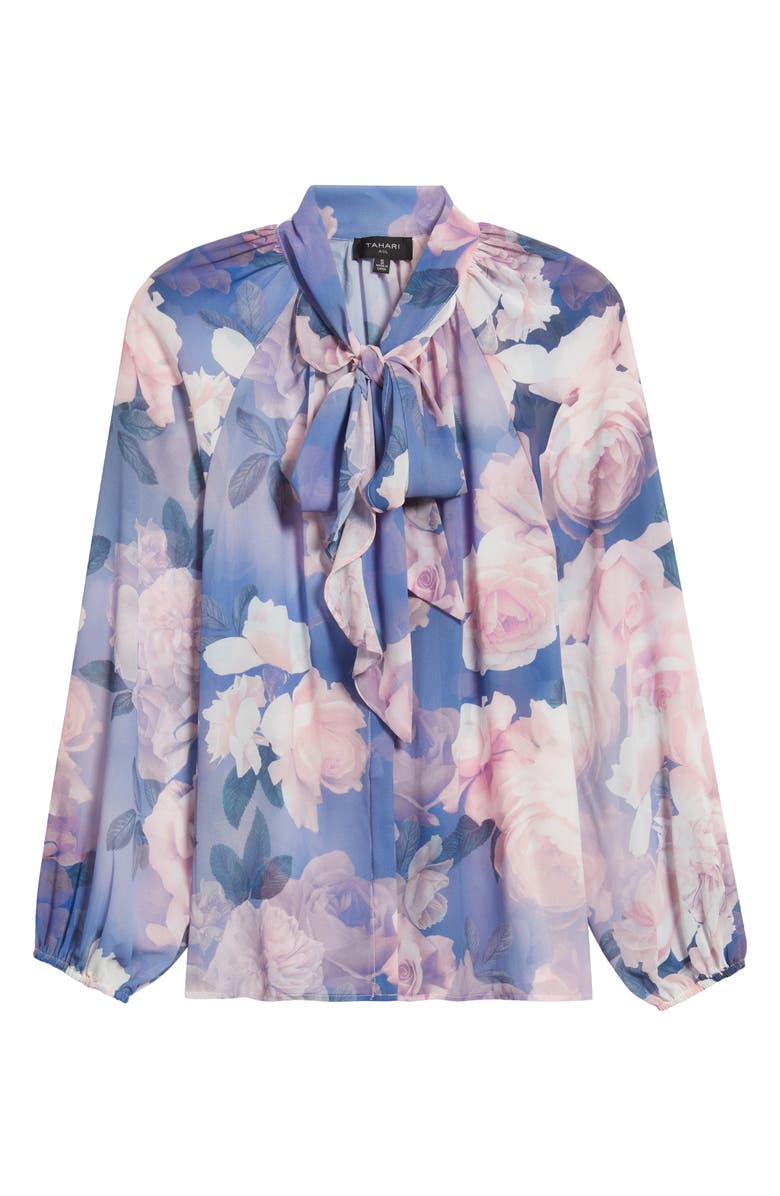 Tahari ASL Floral Print Tie Neck Top, Alternate, color, Blue Petal Floral