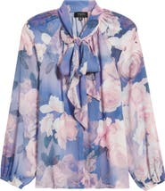 Tahari ASL Floral Print Tie Neck Top