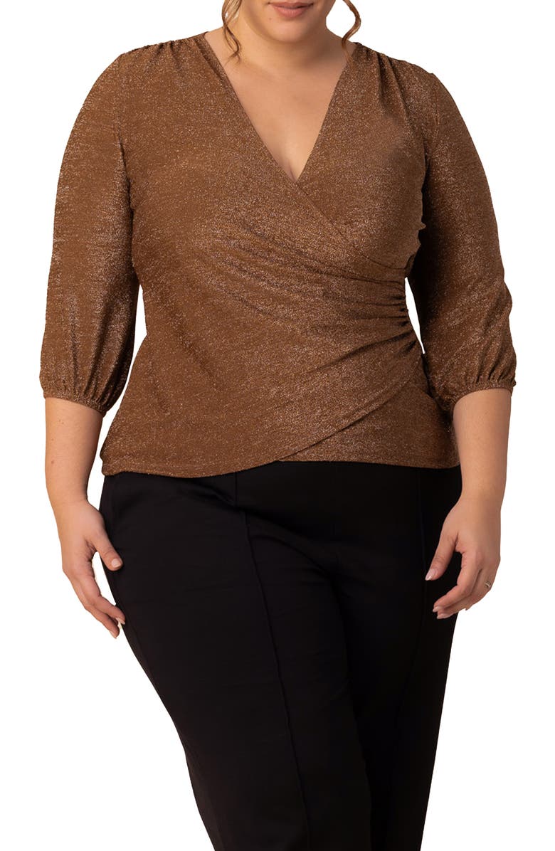 Kiyonna Celeste Faux Wrap Top, Main, color, Mocha Sparkle