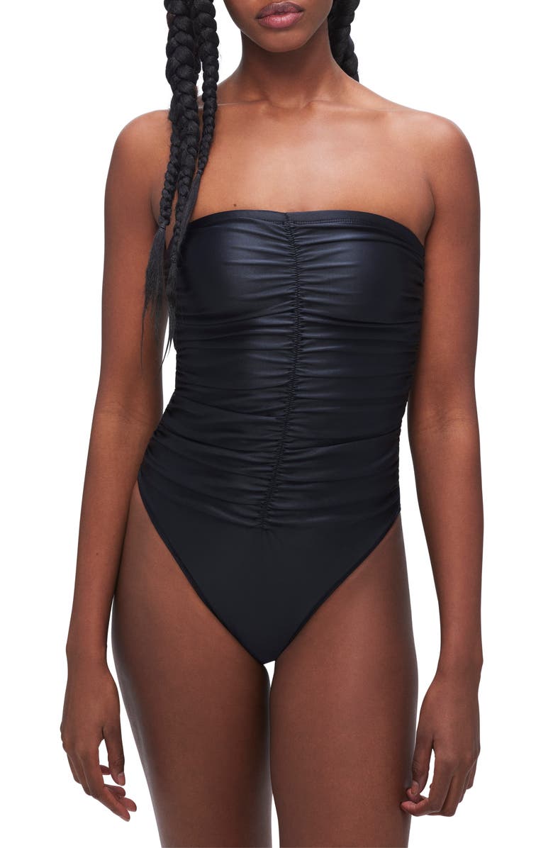 Good American Strapless Ruched One-Piece Swimsuit, Main, color, 
