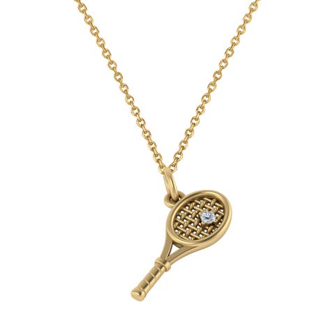 Tennis Racket With Diamond Ball Charm Pendant Necklace 14K (0.03ct)