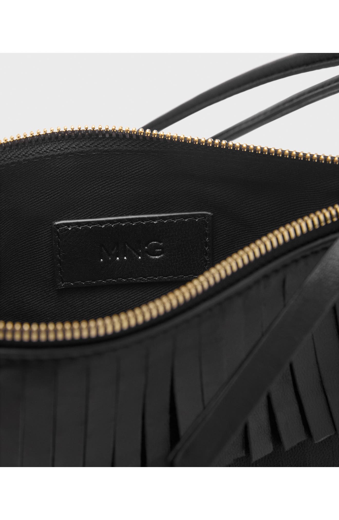 MANGO Fringe Leather Shoulder Bag, Alternate, color, Black
