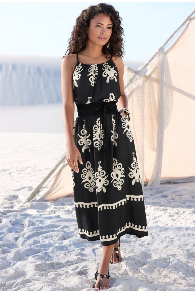 Ornamental Print Dress, Alternate, color, Black & Sand