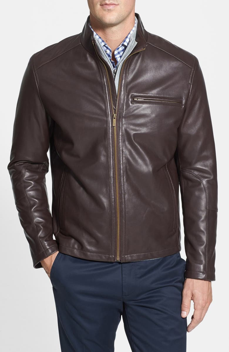 Cole Haan Lambskin Leather Moto Jacket, Main, color, Java