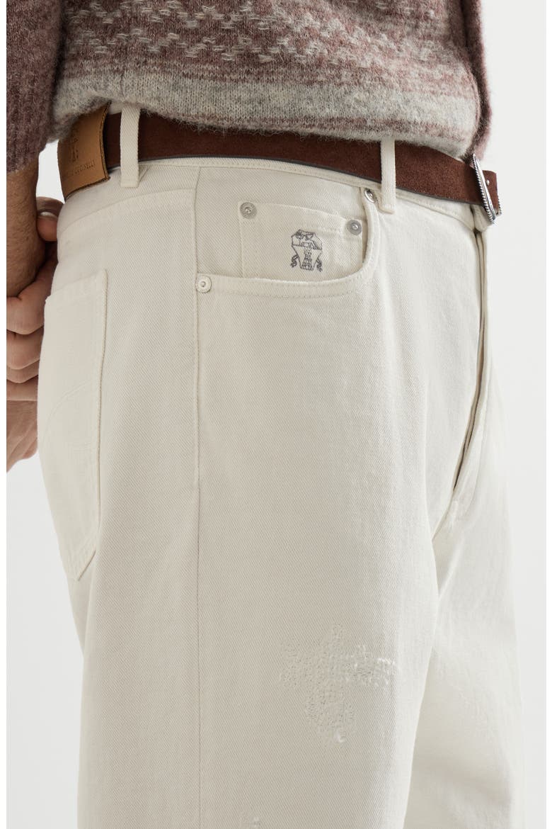 Garment-dyed denim iconic fit five-pocket trousers with rips, Alternate, color, White