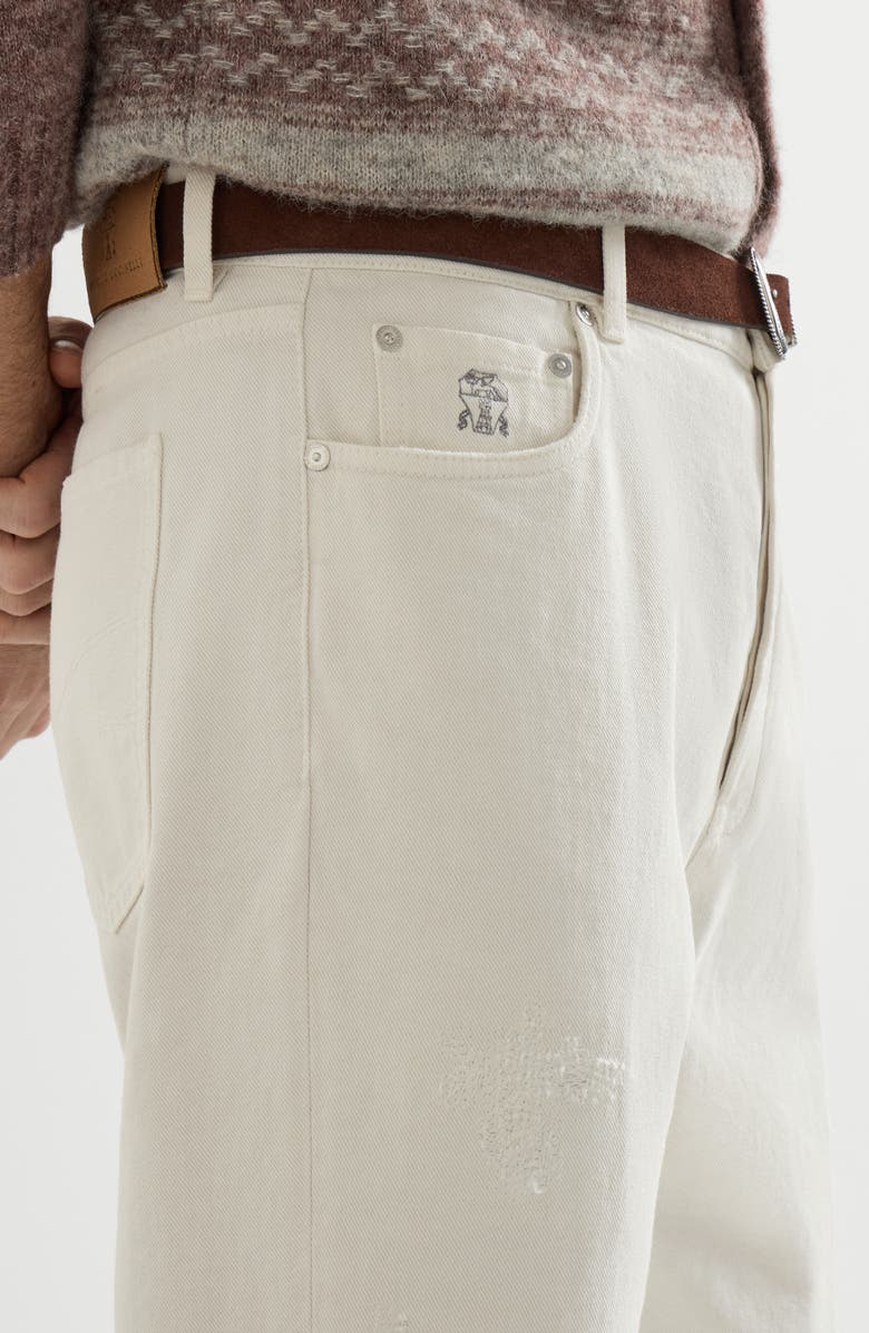 Brunello Cucinelli Garment-dyed denim iconic fit five-pocket trousers with rips, Alternate, color, White