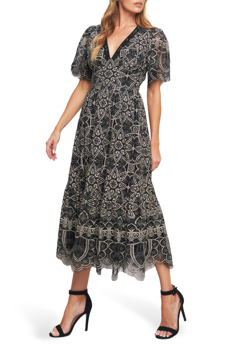 Two-Tone Lace Short Sleeve Midi Dress, Alternate, color, BLACK