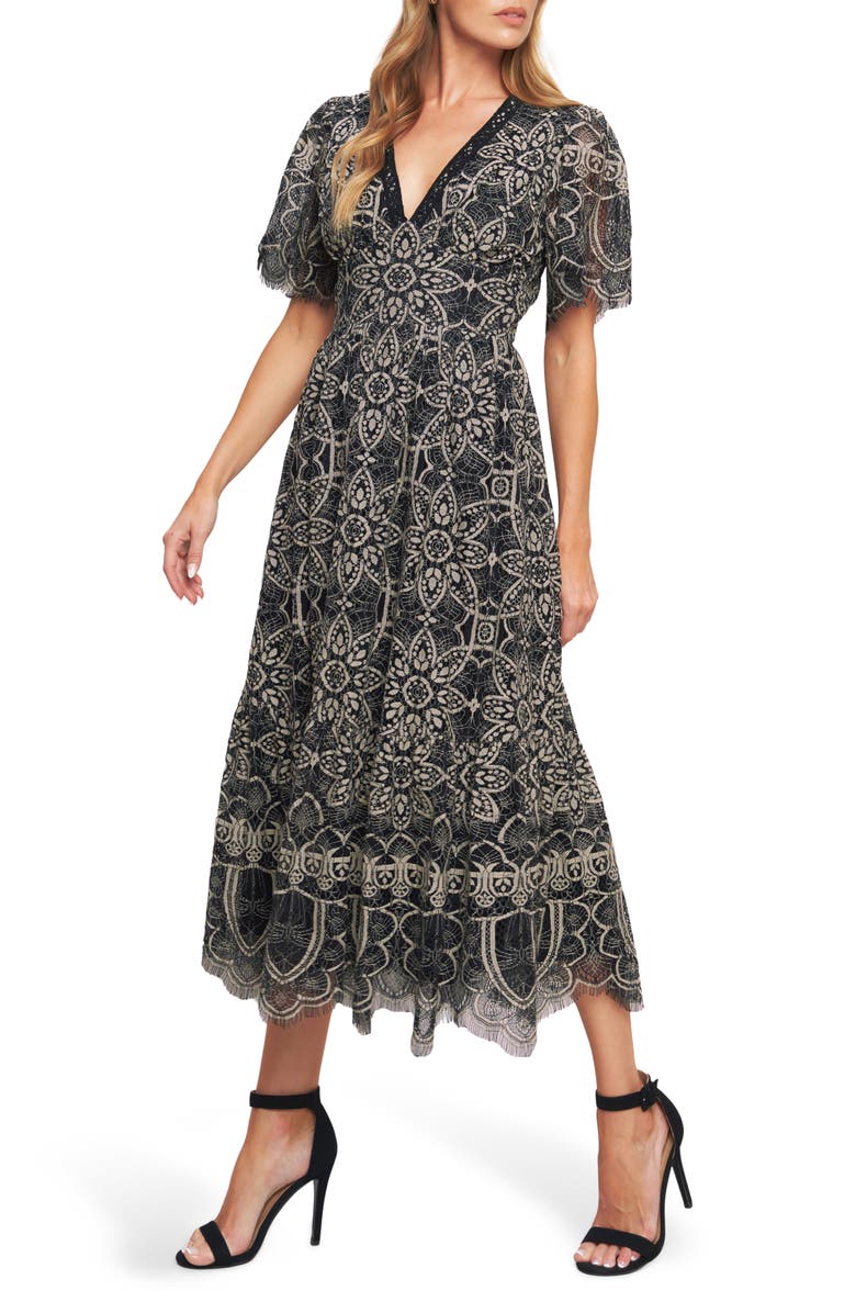 FLYING TOMATO Two-Tone Lace Short Sleeve Midi Dress, Alternate, color, Black