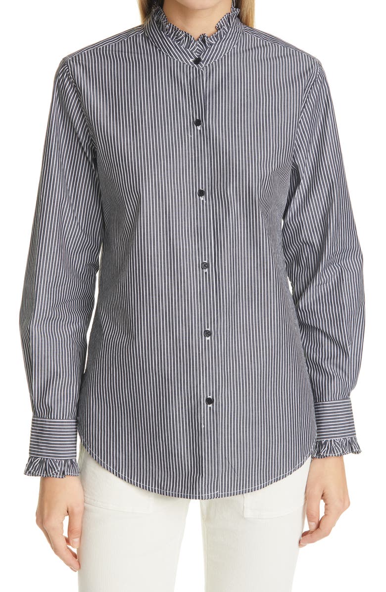 Nili Lotan Lydia Stripe Ruffle Trim Shirt, Main, color,