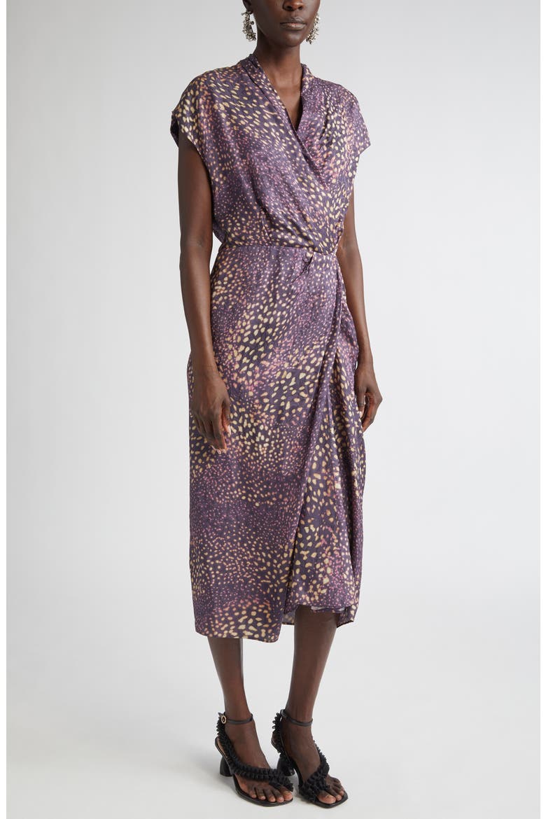 Dilian Orchid Spots Faux Wrap Crepe Dress, Main, color, AUBER