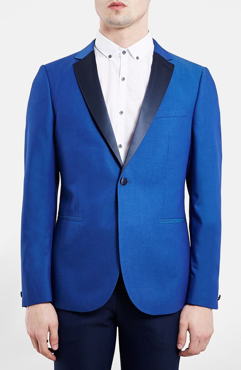 Topman Blue Skinny Fit Tuxedo Jacket, Main, color,
