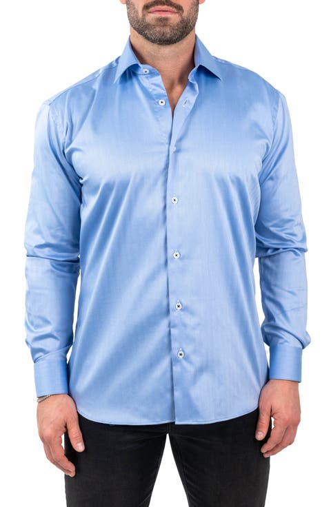 Classic Arctic Blue Cotton Herringbone Button-Up Shirt