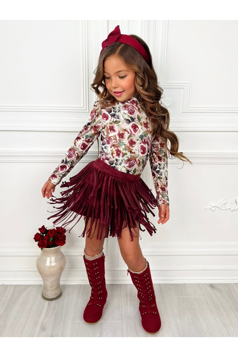 Autumn Rose Top and Fringe Skort Set, Alternate, color, Burgundy