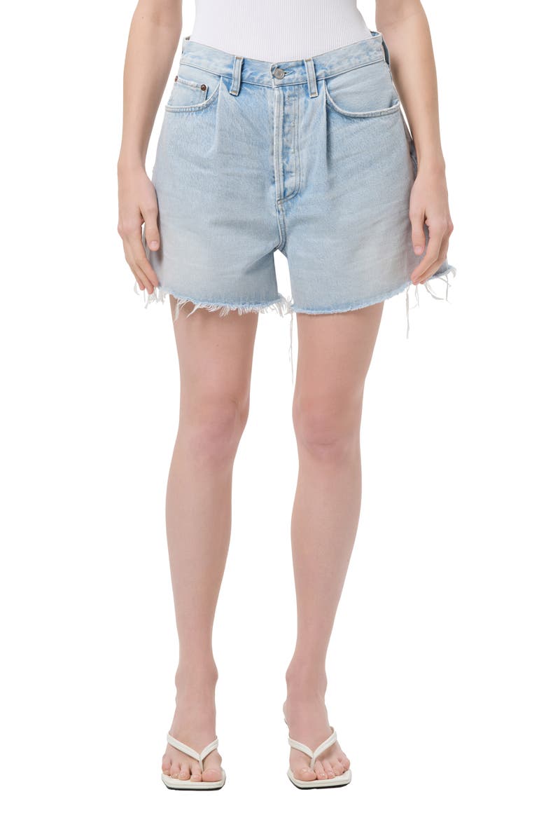 Rhoda Pleated Denim Cutoff Shorts, Main, color, DETACH MD MARBLED VINT IND