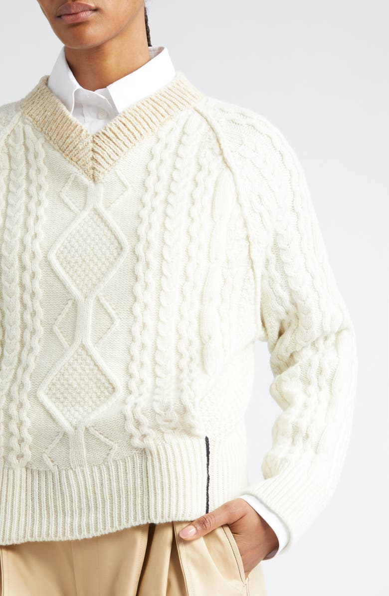 Victoria Beckham Contrast V-Neck Cable Stitch Lambswool Sweater, Alternate, color,