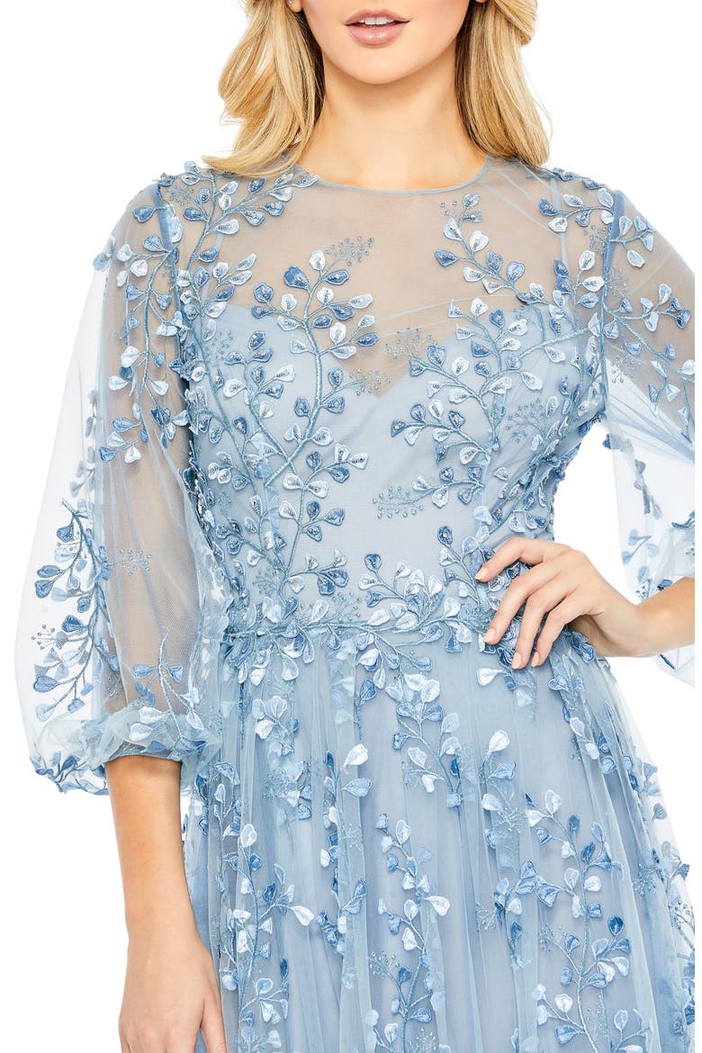 Embroidered Mesh High-Neck Dress with Puff Sleeves, Alternate, color, BLUE