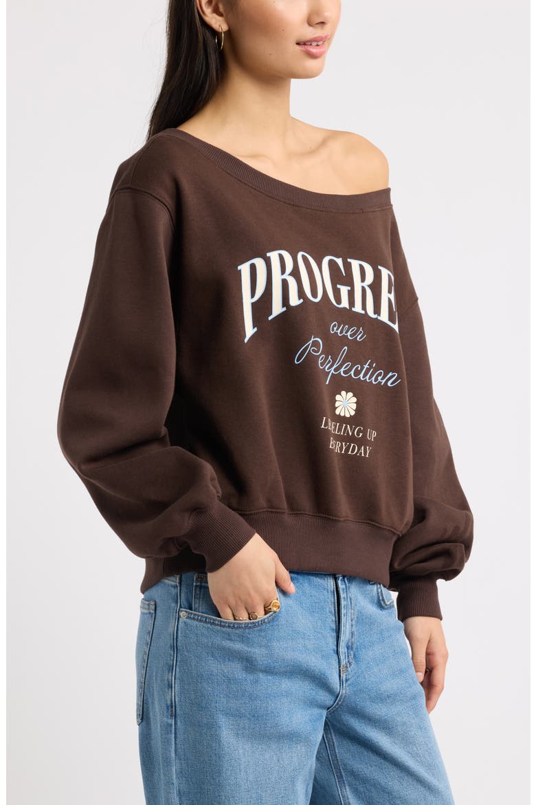 Off the Shoulder Fleece Graphic Sweatshirt, Alternate, color, BROWN PROGRESS OVER PERFECT