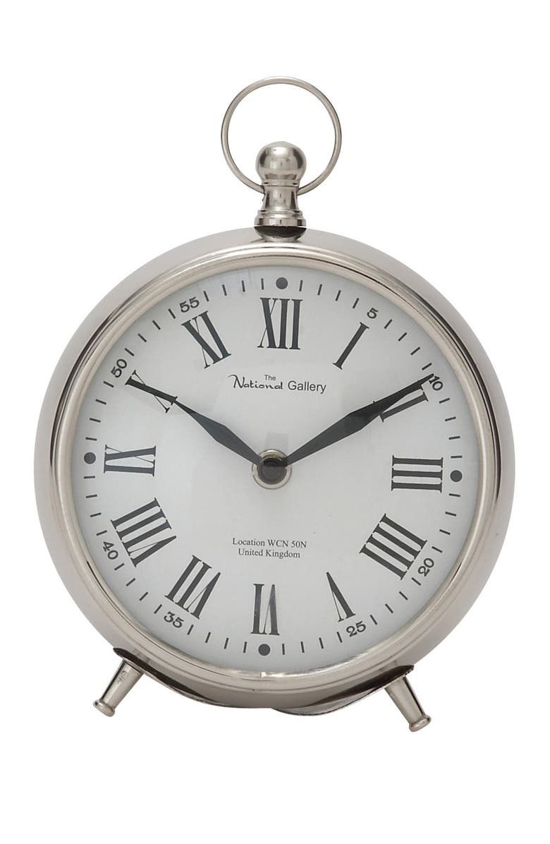 WILLOW ROW Round Silver Stainless-Steel Table Clock - 6" x 7", Main, color, 