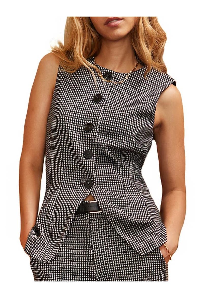 Round Neck Houndstooth Waistcoat, Alternate, color, Grey
