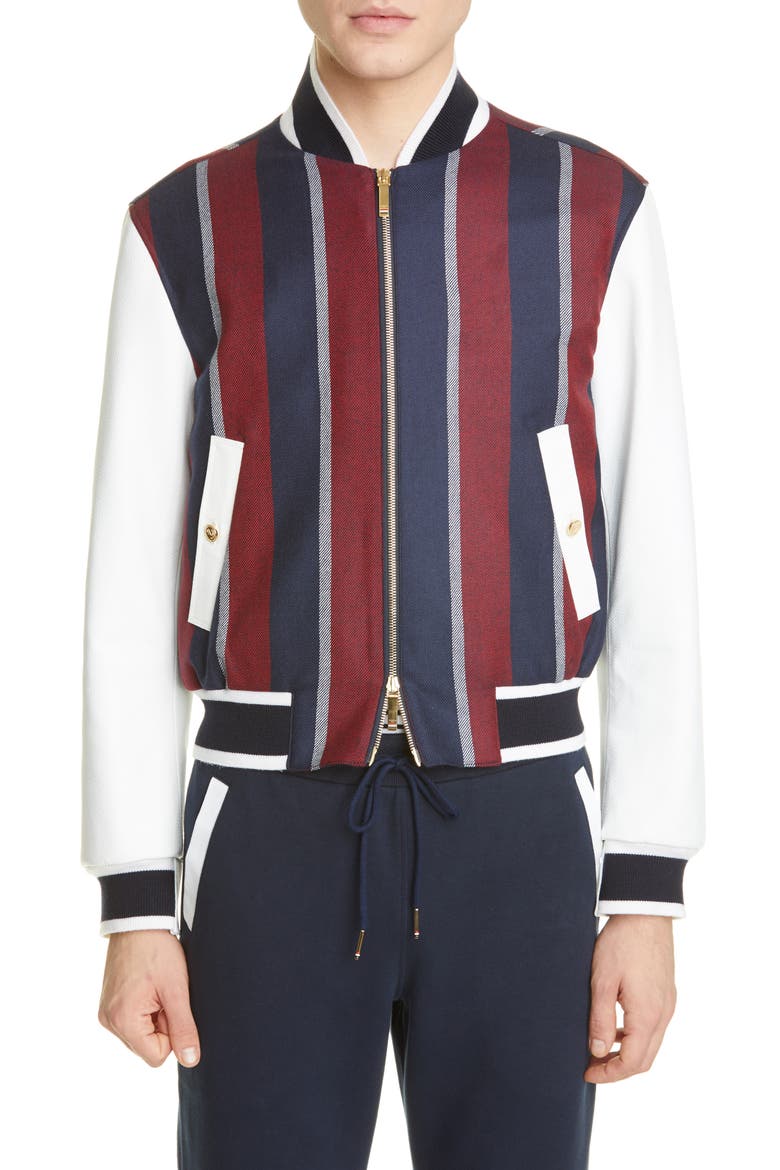 Stripe Wool & Deerskin Leather Bomber Jacket (Nordstrom Exclusive), Alternate, color, Red/White/Blue