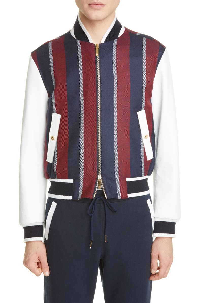 Thom Browne Stripe Wool & Deerskin Leather Bomber Jacket, Alternate, color, 