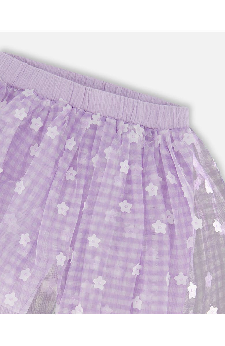 Deux par Deux Little Girl's Crinkle Biker Short With Flower Mesh Skirt Lilac With White Flowers, Alternate, color,