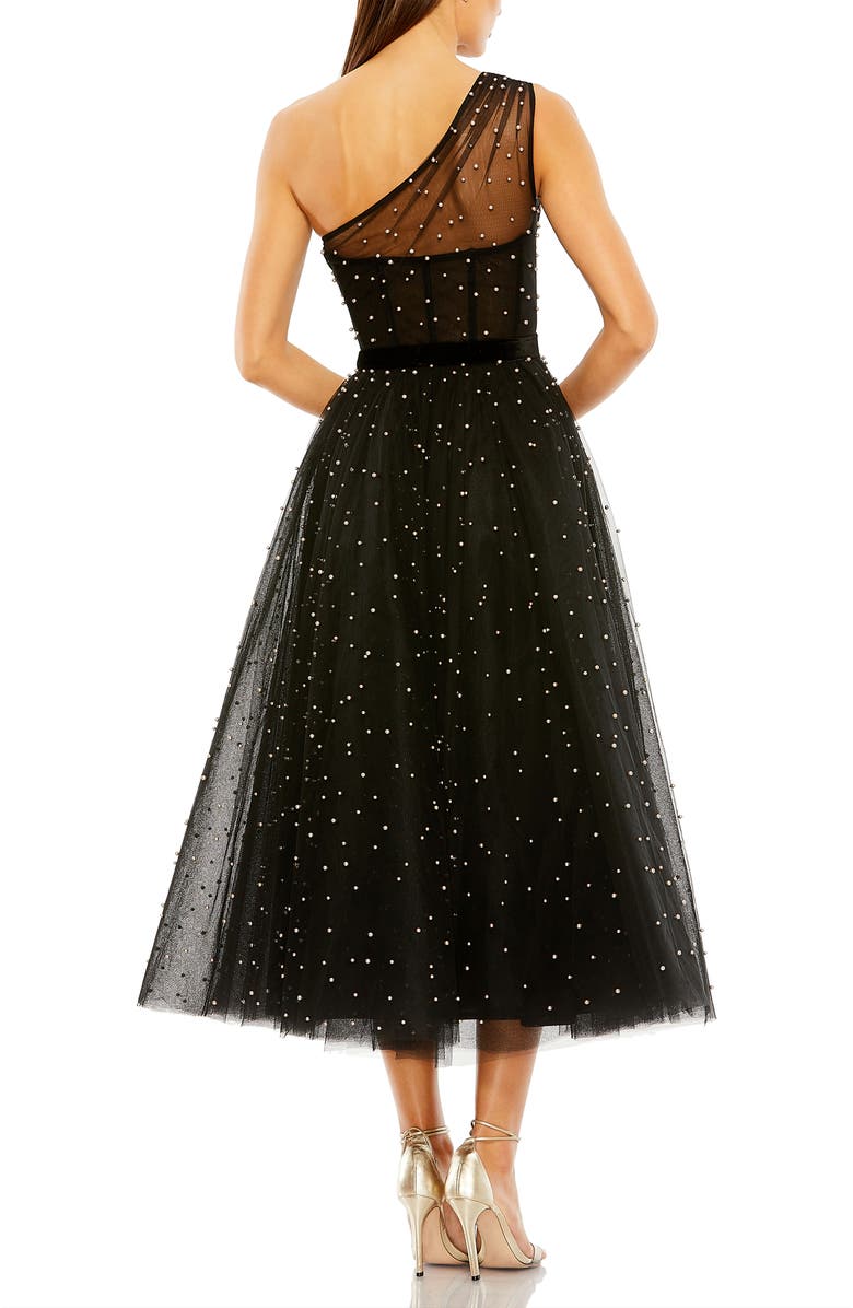 Mac Duggal Women's One Shoulder Pearl Beaded Midi Ballgown, Alternate, color, Black