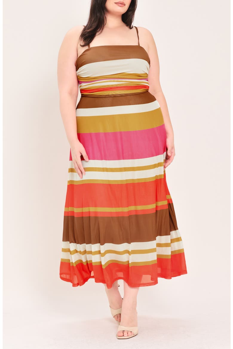 Striped Mesh Midi Dress, Main, color, BROWN/ PINK