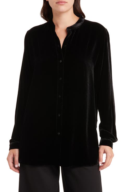 Band Collar Velvet Button-Up Shirt