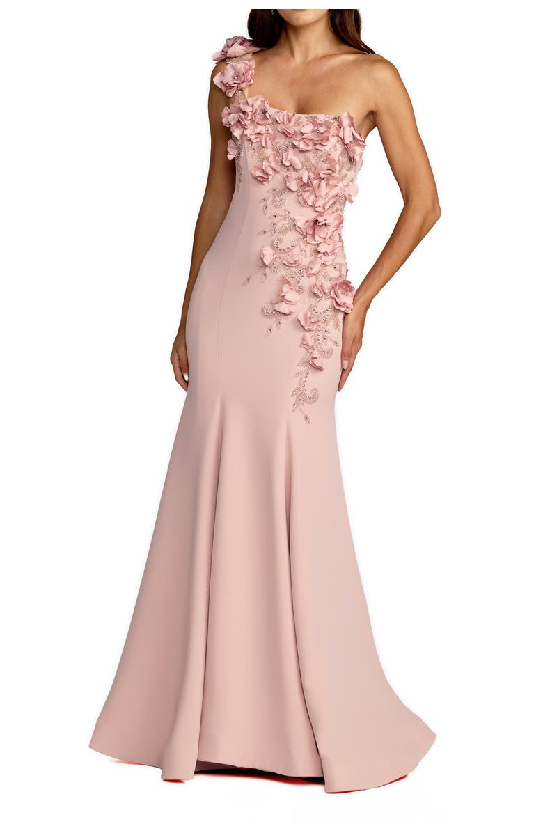 Mac Duggal Crepe One Shoulder Floral Embellished Mermaid Evening Gown, Main, color, Mauve