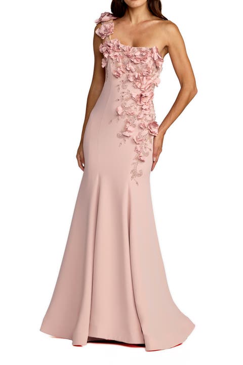 Crepe One Shoulder Floral Embellished Mermaid Evening Gown