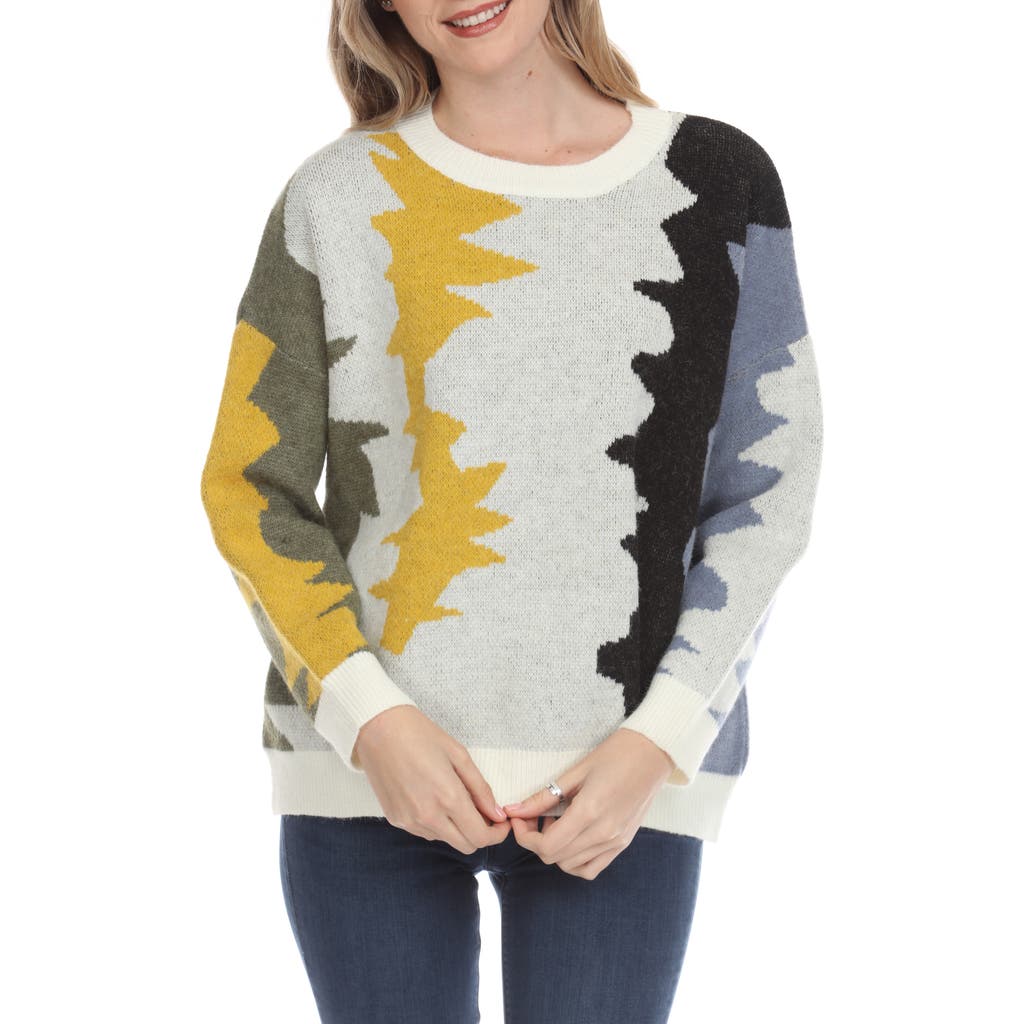 Rain And Rose Colorblock Zigzag Crewneck Sweater In Yellow
