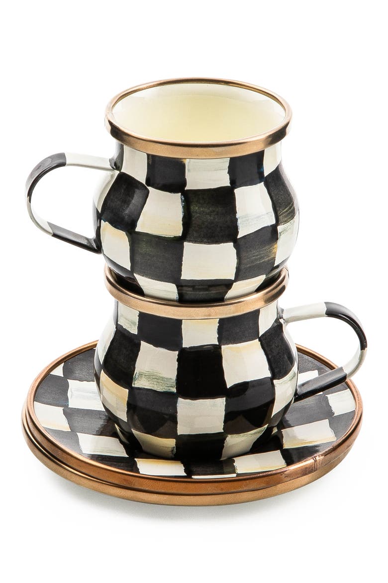 Courtly Check Enameled Steel Espresso Cups & Saucers Set, Alternate, color, BLACK/ WHITE