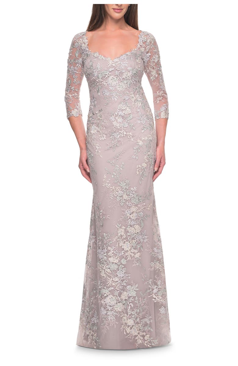 La Femme Embroidered Lace Fitted Gown for Mother of the Bride, Main, color, Mauve