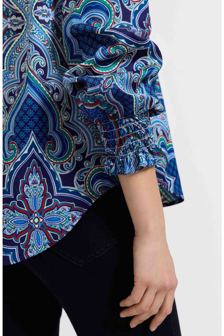 Olivia Printed Smocked Cuff Cotton Button-Up Shirt, Alternate, color, BLUE/ MULTI