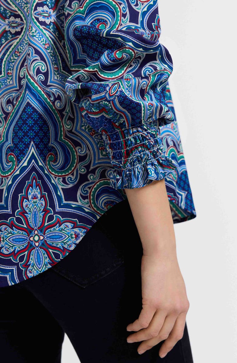 Foxcroft Olivia Printed Smocked Cuff Cotton Button-Up Shirt, Alternate, color, Blue/ Multi