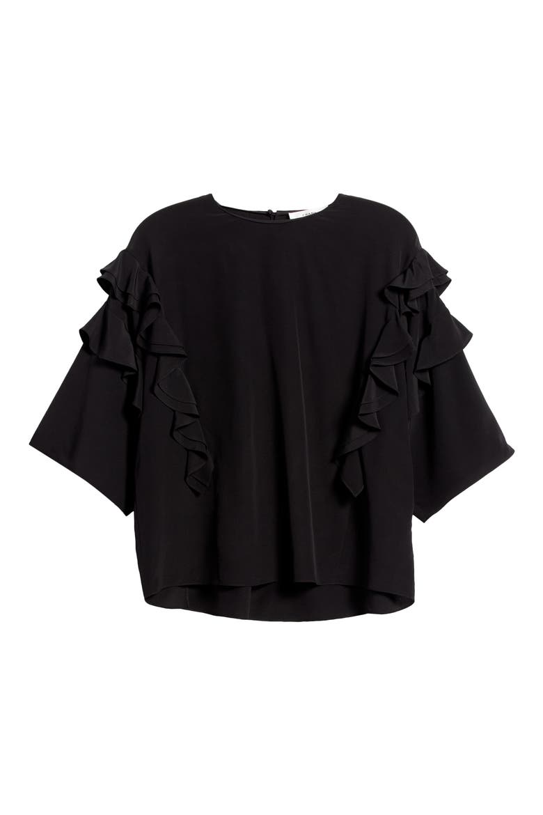 Ruffle Sleeve Silk Top, Alternate, color, BLACK