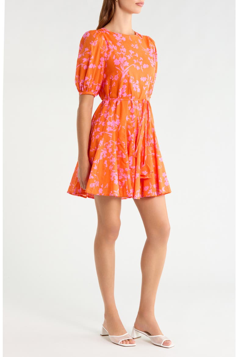 Delilah Floral Godet Pleat Cotton Minidress, Alternate, color, ORANGE-PINK