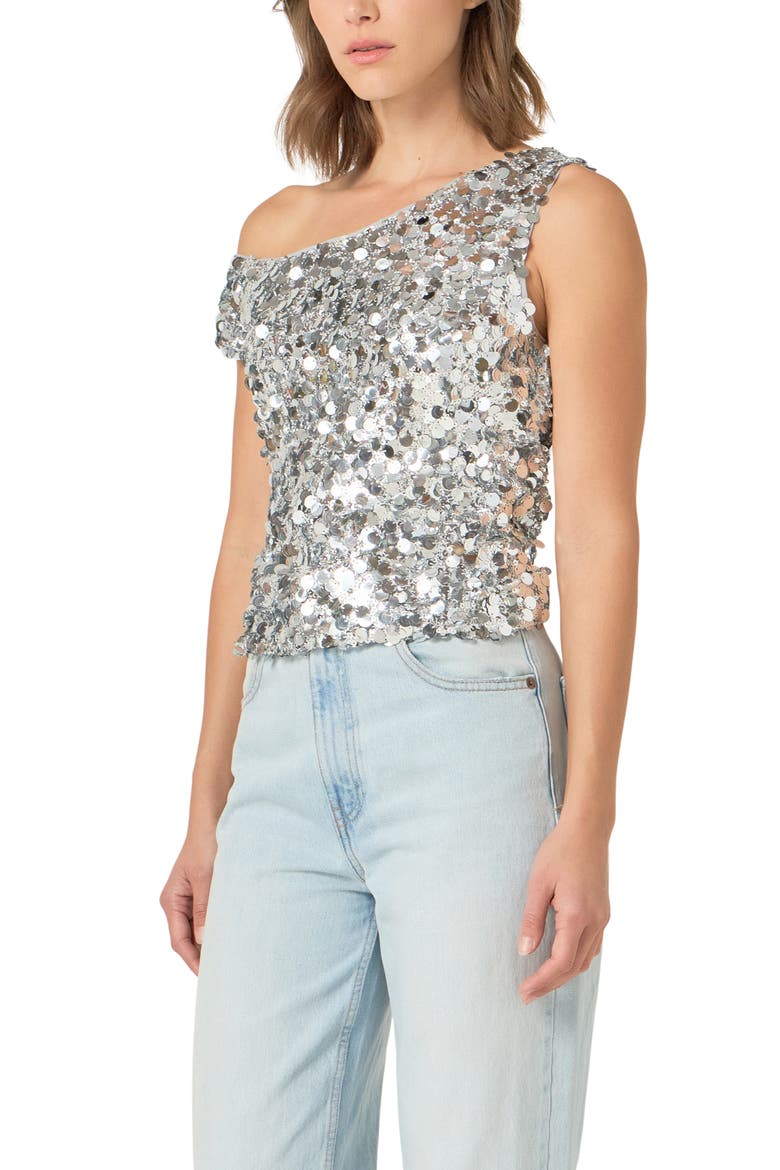 Paillette One-Shoulder Top, Alternate, color, SILVER