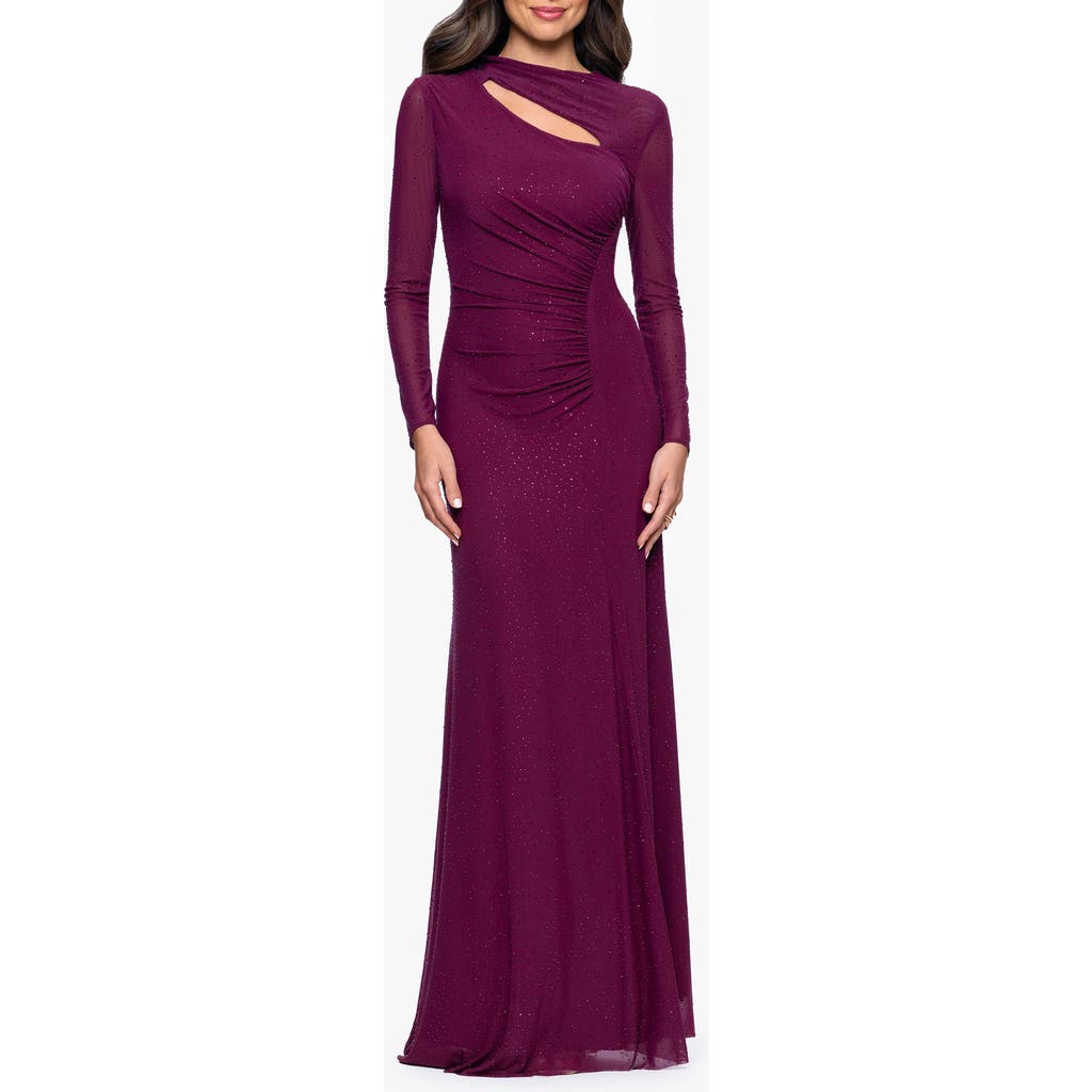 Betsy & Adam "callie" Mesh Cutout Embellished Long Sleeve Floor Length Dress In Purple