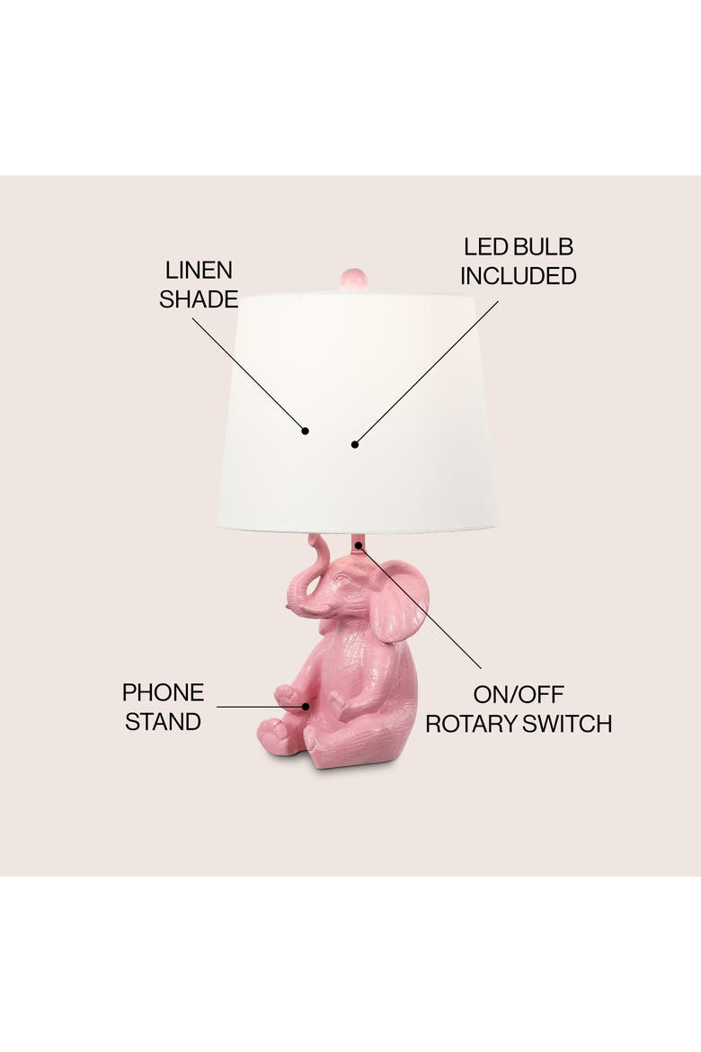 Kairi Modern Shabby Chic Resin/Iron Happy Elephant LED Kids' Table Lamp with Phone Stand, Alternate, color, Pink