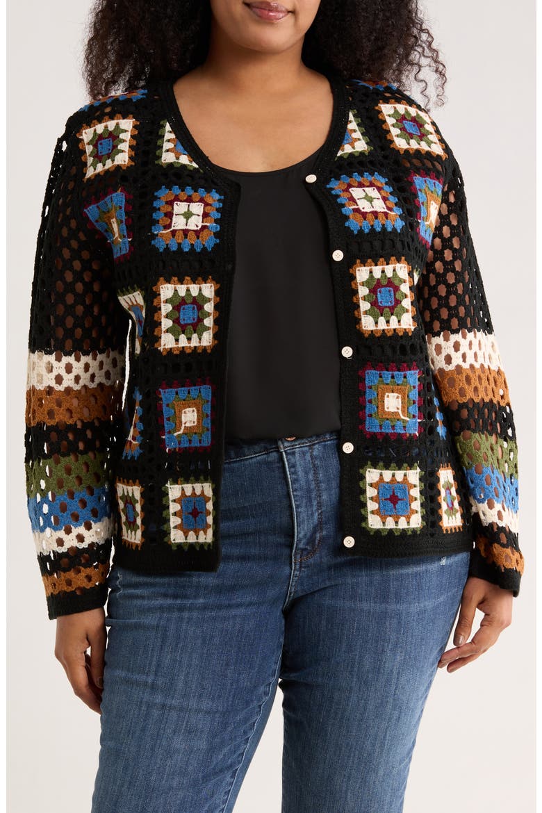 Crochet Square Cardigan, Main, color, BLACK/ CREAM/ BLUE