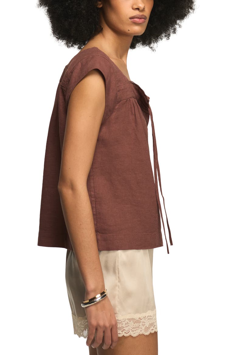 Lace Trim Tie Neck Linen Blend Top, Alternate, color, MARRON
